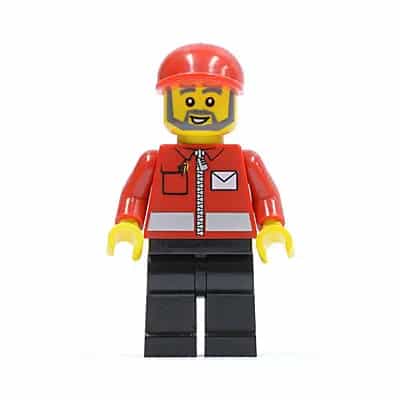 Post Office White Envelope and Stripe, Black Legs, Red Short Bill Cap, Gray Beard