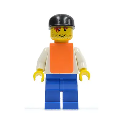 F1 Race Camera Operator - Male, White Torso, Blue Legs, Black Cap, Orange Vest