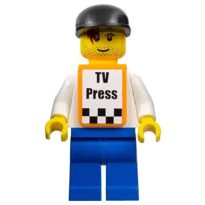 F1 Race Camera Operator - Male, White Torso, Blue Legs, Black Cap, Orange Vest with Stickers
