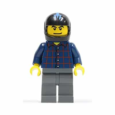 Plaid Button Shirt, Dark Bluish Gray Legs, Black Helmet with Medium Blue Trident (Hot Rod Driver)