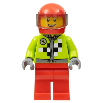 Lime Jacket with Wrench and Black and White Checkered Pattern, Red Legs, Red Helmet, Trans-Brown Visor