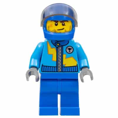 Dark Azure Racing Jacket with Zipper and Yellow Lightning Bolt Pattern, Blue Helmet, Trans-Brown Visor