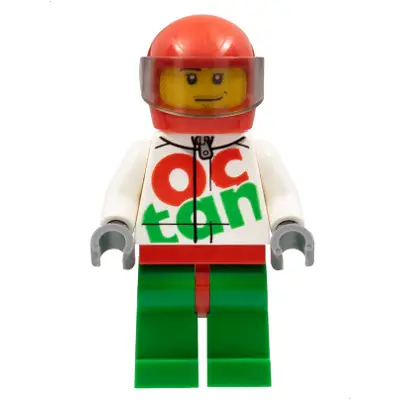 Race Car Driver, White Octan Racing Suit with Silver Zipper, Red Helmet with Trans-Brown Visor, Crooked Smile, Stubble Beard