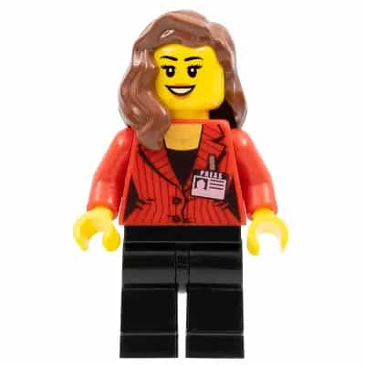 Camerawoman - Red Suit Jacket with Press Pass, Black Legs, Reddish Brown Female Hair over Shoulder, Open Mouth Smile with Dark Orange Lips