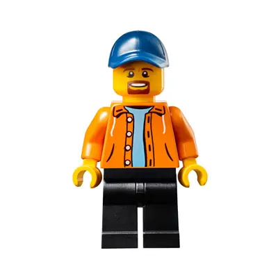 Race Official - Male, Orange Jacket Hoodie over Medium Blue Sweater, Black Legs, Dark Blue Cap with Hole, Goatee