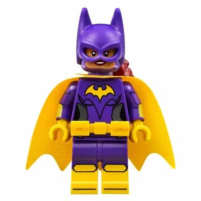Batgirl - Minifigure, Dark Purple Suit, Yellow Cape, Open Mouth Smile / Concerned
