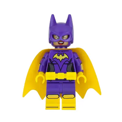 Batgirl - Minifigure, Dark Purple Suit, Yellow Cape, Wink and Open Mouth Smile / Angry
