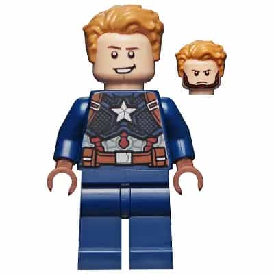 Captain America - Dark Blue Suit with Reddish Brown Belt and Harness, Reddish Brown Hands, Hair, Dark Brown Eyebrows, Chin Strap