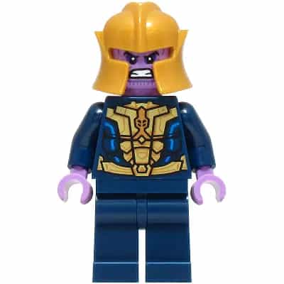 Thanos - Minifigure, Dark Blue and Gold Outfit, Dark Blue Arms, Medium Lavender Hands, Helmet