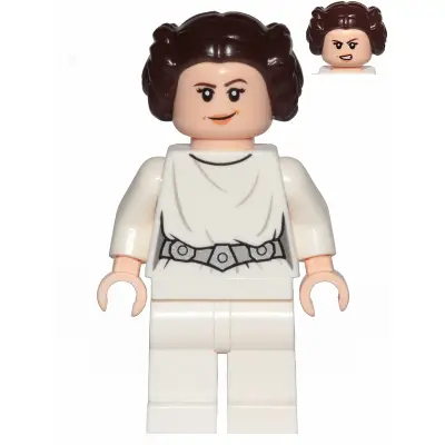 Princess Leia - White Dress, Detailed Belt with 3 Emblems, White Legs, Lopsided Grin / Angry Open Mouth Scowl