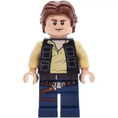 Han Solo - Black Vest with Pockets over Tan Shirt with Dark Bluish Gray Creases, Dark Blue Legs with Belts