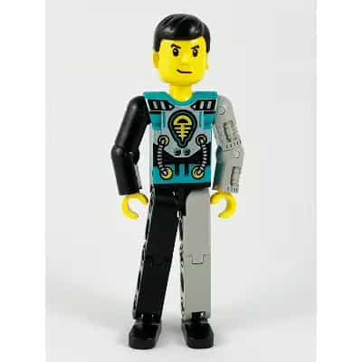 Technic Figure Black/Light Gray Legs, Dark Turquoise Torso with Yellow, Black, Silver Pattern, Light Gray Mechanical Left Arm (4114660)