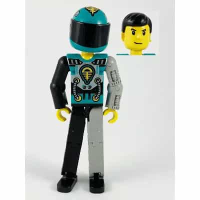 Technic Figure Black/Light Gray Legs, Dark Turquoise Torso with Yellow, Black, Silver Pattern, Light Gray Mechanical Left Arm, Printed Helmet