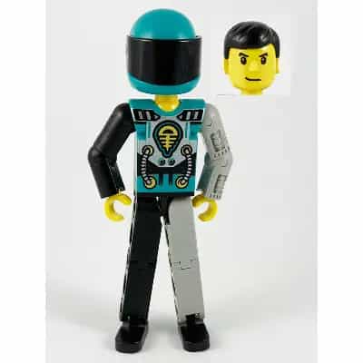 Technic Figure Black/Light Gray Legs, Dark Turquoise Torso with Yellow, Black, Silver Pattern, Light Gray Mechanical Left Arm, Dark Turquoise Helmet