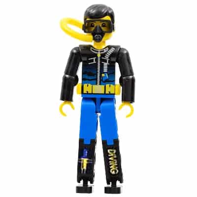 Technic Figure Blue Legs, Black Top with Zippered Wetsuit for Diver, Knife, and 'DIVING' Pattern (Stickers) - Air Tank, Hose, and Mask