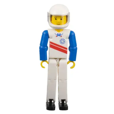 Technic Figure White Legs, White Top with Red Stripes Pattern, Blue Arms, White Helmet (Skier)