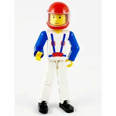 Technic Figure White Legs, White Top with Blue Suspenders Pattern, Blue Arms, Red Helmet
