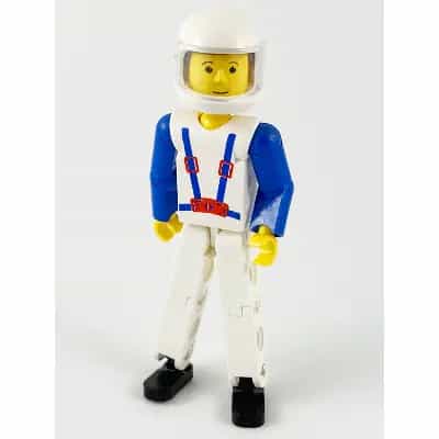 Technic Figure White Legs, White Top with Blue Suspenders Pattern, Blue Arms, White Helmet