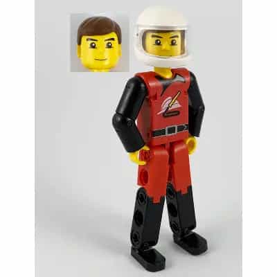 Technic Figure Red/Black Legs, Red Top, Brown Hair (Fireman), White Helmet