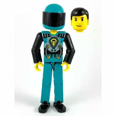 Technic Figure Dark Turquoise Legs, Dark Turquoise Torso with Yellow, Black, Silver Pattern, Black Arms, Dark Turquoise Helmet, Black Visor