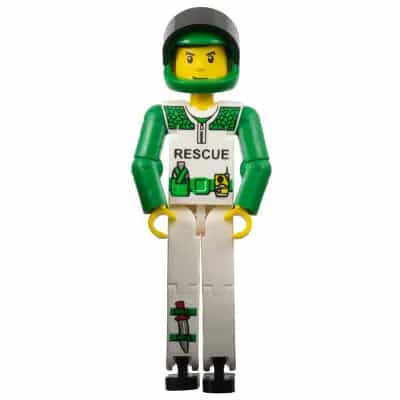 Technic Figure White Legs, White Torso with Black 'RESCUE' and Green Belt, Green Arms, Green Helmet, Black Visor - With Sticker