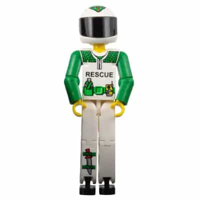 Technic Figure White Legs, White Top with Black 'RESCUE' and Green Belt Pattern, Green Arms, White Helmet with Green Snake, Black Visor - With Sticker