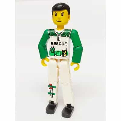 Technic Figure White Legs, White Torso with Black 'RESCUE' and Green Belt, Green Arms - With Sticker