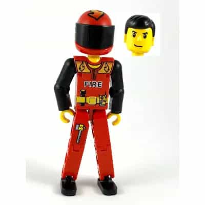 Technic Figure Red Legs, Red Top with Black 'FIRE', Black Arms (Fireman), Red Helmet with Flame, Black Visor - With Sticker