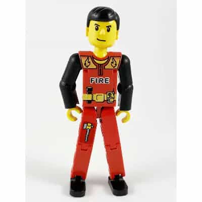 Technic Figure Red Legs, Red Top with Black 'FIRE', Black Arms (Fireman) - With Sticker
