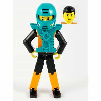 Technic Figure Orange/Black Legs, Orange Torso with Silver Pattern, Black Arms, Black Hair, Dark Turquoise Helmet and Armor