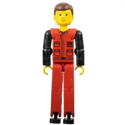 Technic Figure Red Legs, Red Top with Black Pattern, Black Arms, Brown Hair