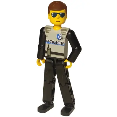 Technic Figure Black Legs, Light Gray Top with Police Pattern, Black Arms