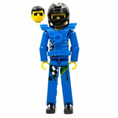 Technic Figure Blue Legs, Blue Top with Chest Plate, Black Hair, Black Helmet - With Stickers