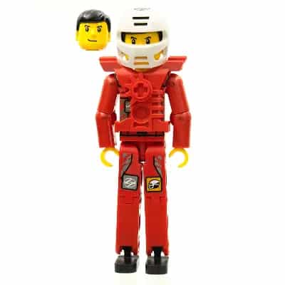 Technic Figure Red Legs, Red Top with Chest Plate, Black Hair, White Helmet - With Stickers