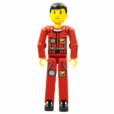 Technic Figure Red Legs, Red Top with Technic Logo, Black Hair - with Stickers