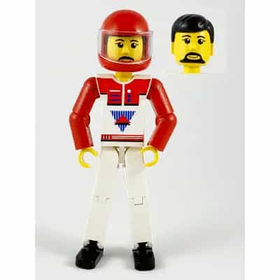 Technic Figure White Legs, White Top with Red Vest, Red Arms, Black Hair, Red Helmet