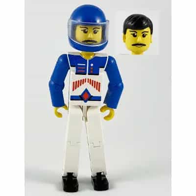 Technic Figure White Legs, White Top with Red Arrow-Type Stripes Pattern, Blue Arms, Blue Helmet