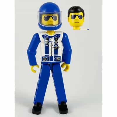 Technic Figure Blue Legs, White Top with Zipper and Blue Shoulder Harness Pattern, Blue Arms, Blue Helmet, Trans-Clear Visor