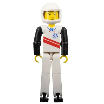 Technic Figure White Legs, White Top with Red Stripes Pattern, Black Arms, White Helmet (Skier)