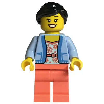 LEGO Store Customer - Female, Bright Light Blue Jacket over White Shirt with Coral Flowers, Coral Legs, Black Ponytail