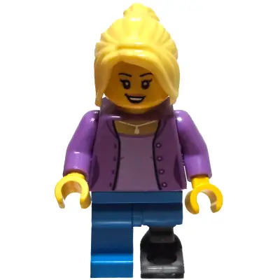 LEGO Brand Store Customer - Female, Medium Lavender Jacket, Dark Azure Legs with Prosthetic Leg, Bright Light Yellow Hair