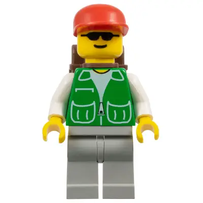 Jacket Green with 2 Large Pockets - Light Gray Legs, Red Cap and Brown Backpack