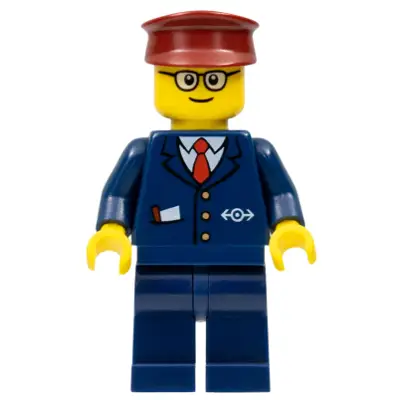 Dark Blue Suit with Train Logo, Dark Blue Legs, Dark Red Hat, Rounded Glasses - Tram Driver