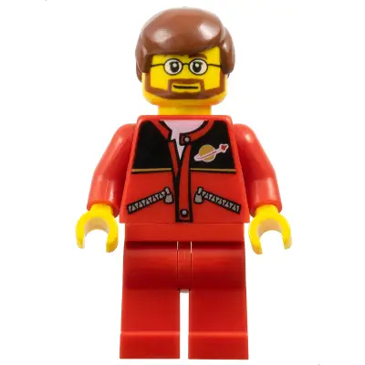 Red Jacket with Zipper Pockets and Classic Space Logo, Red Legs, Reddish Brown Male Hair