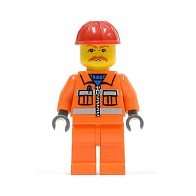 Orange Vest with Safety Stripes - Orange Legs, Red Construction Helmet, Brown Moustache, Dark Bluish Gray Hands