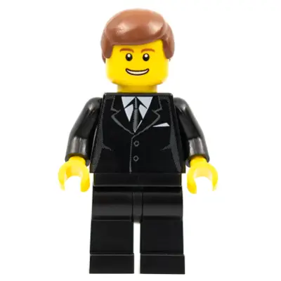 Suit Black, Reddish Brown Male Hair, Thin Grin with Teeth
