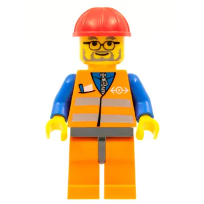 Orange Vest with Safety Stripes - Orange Legs and Dark Bluish Gray Hips, Red Construction Helmet, Dark Bluish Gray Beard, Glasses
