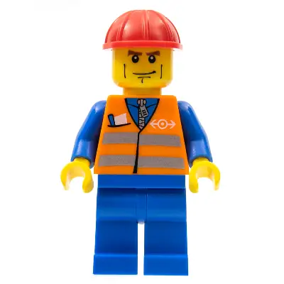 Orange Vest with Safety Stripes - Blue Legs, Brown Eyebrows and Cheek Lines, Red Construction Helmet