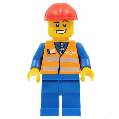 Orange Vest with Safety Stripes - Blue Legs, Cheek Lines and Wide Grin, Red Construction Helmet