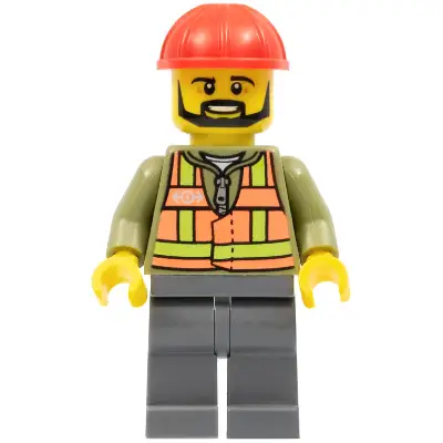 Cargo Train Driver - Light Orange Safety Vest, Dark Bluish Gray Legs, Red Construction Helmet, Black Beard